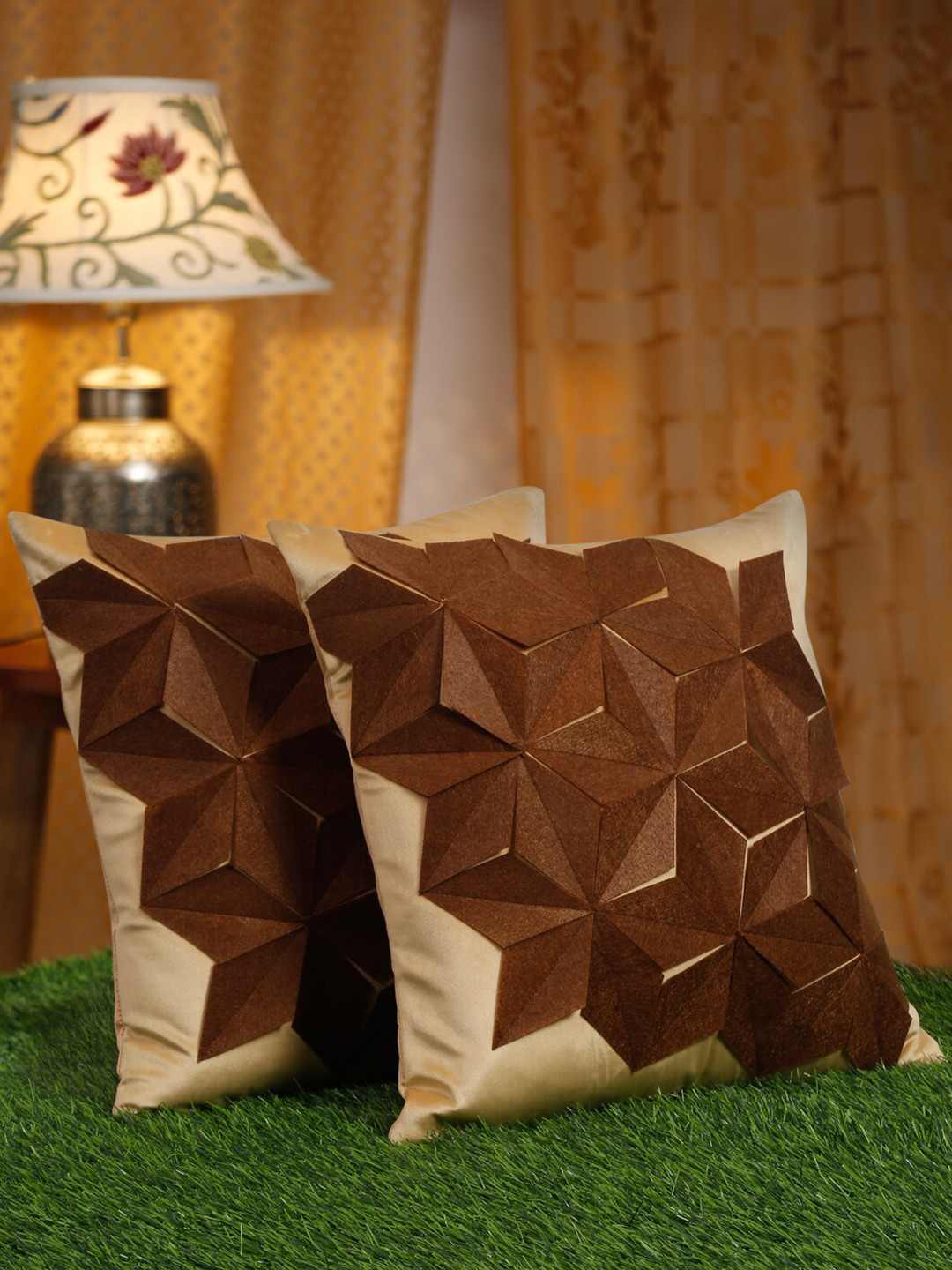 

HOSTA HOMES Brown & Cream-Coloured 2 Pieces Velvet Square Cushion Covers