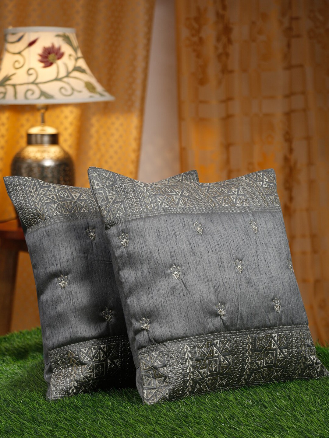 

HOSTA HOMES Grey & Gold-Toned 2 Pieces Embroidered Square Cushion Covers