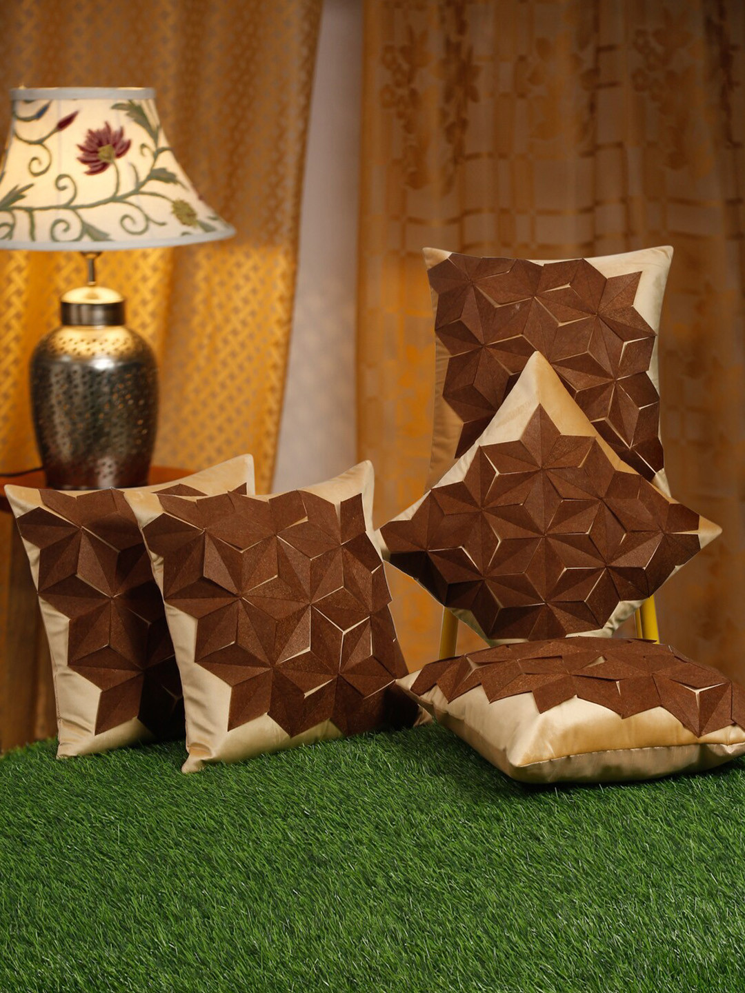

HOSTA HOMES Brown & Gold-Toned 5 Pieces Geometric Velvet Square Cushion Covers