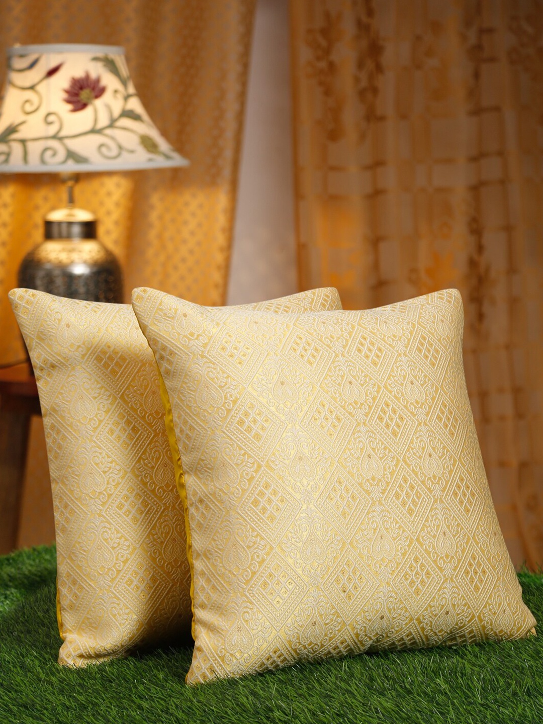 

HOSTA HOMES Yellow 2 Pieces Ethnic Motifs Silk Square Cushion Covers