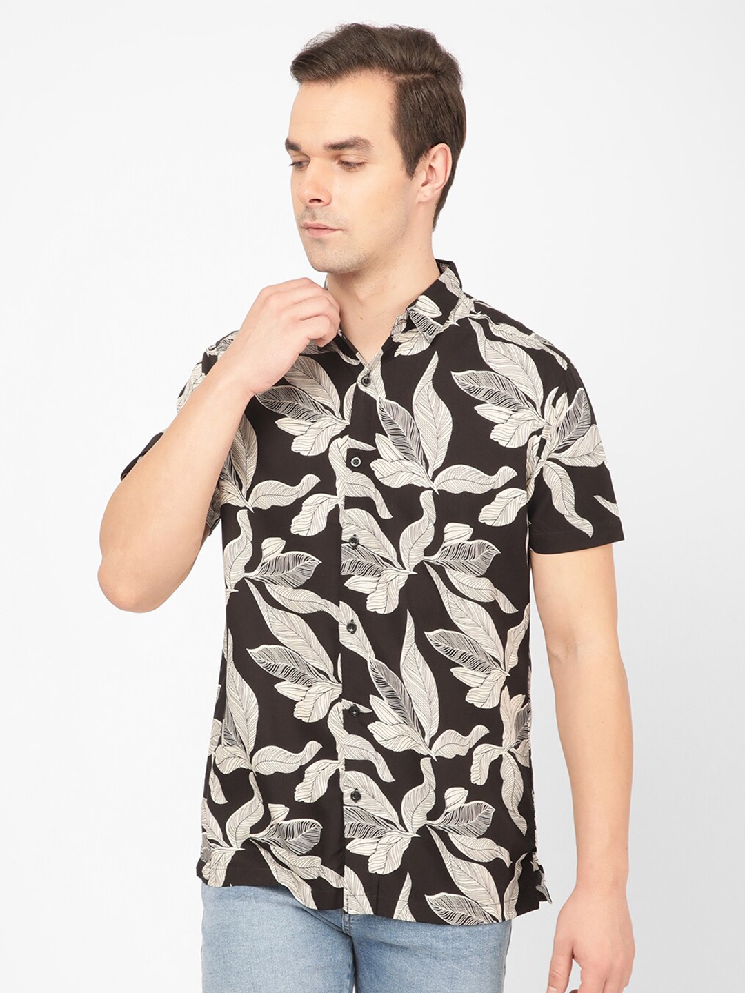 

R&B Floral Printed Opaque Casual Shirt, Black