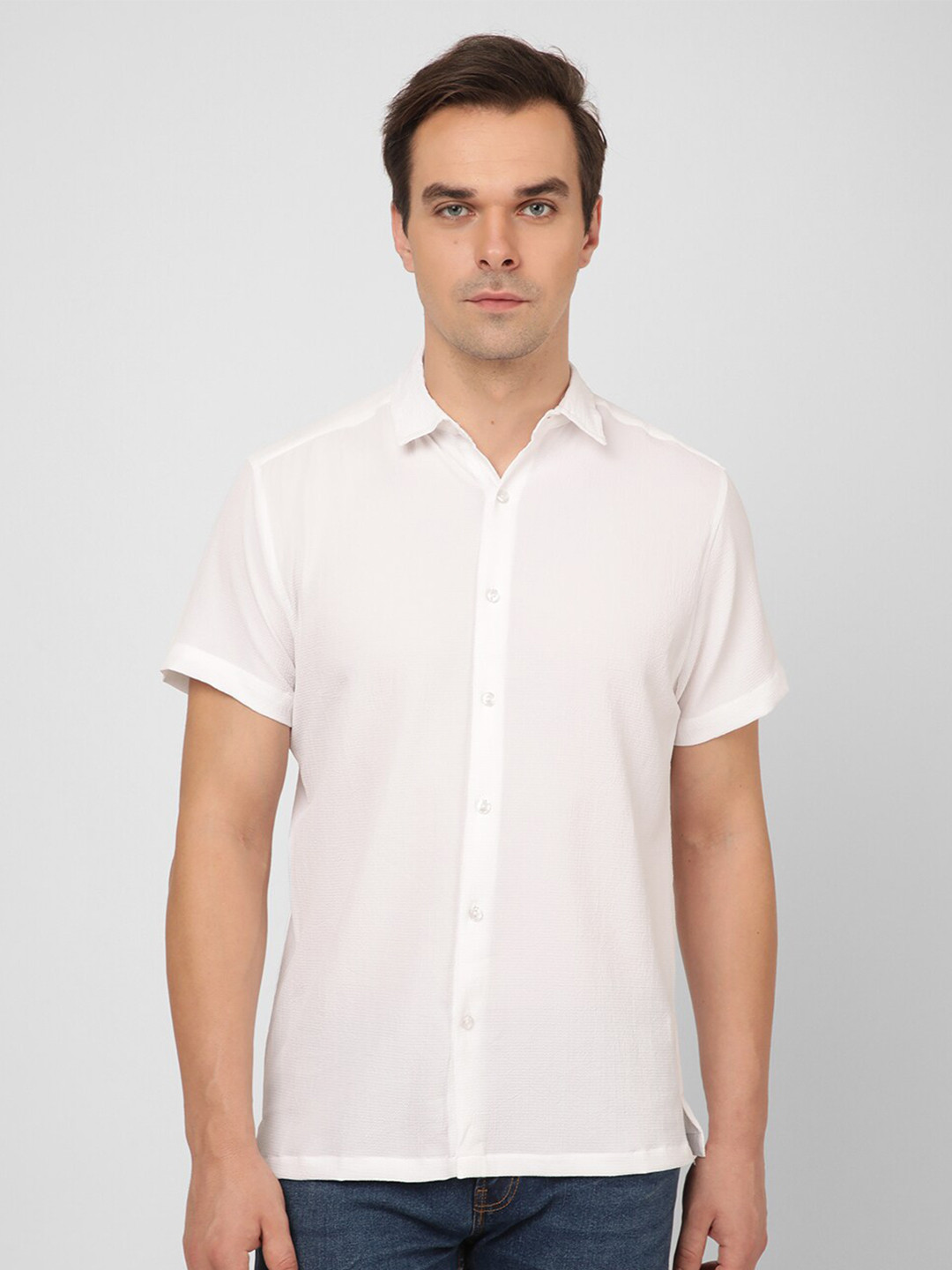 

R&B Spread Collar Opaque Casual Shirt, White