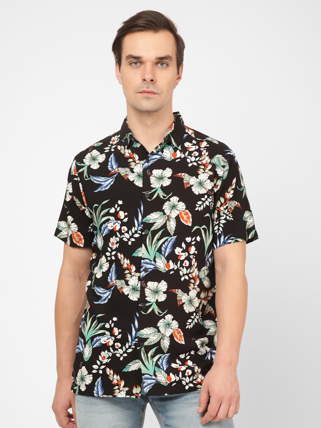 

R&B Floral Printed Spread Collar Casual Shirt, Black