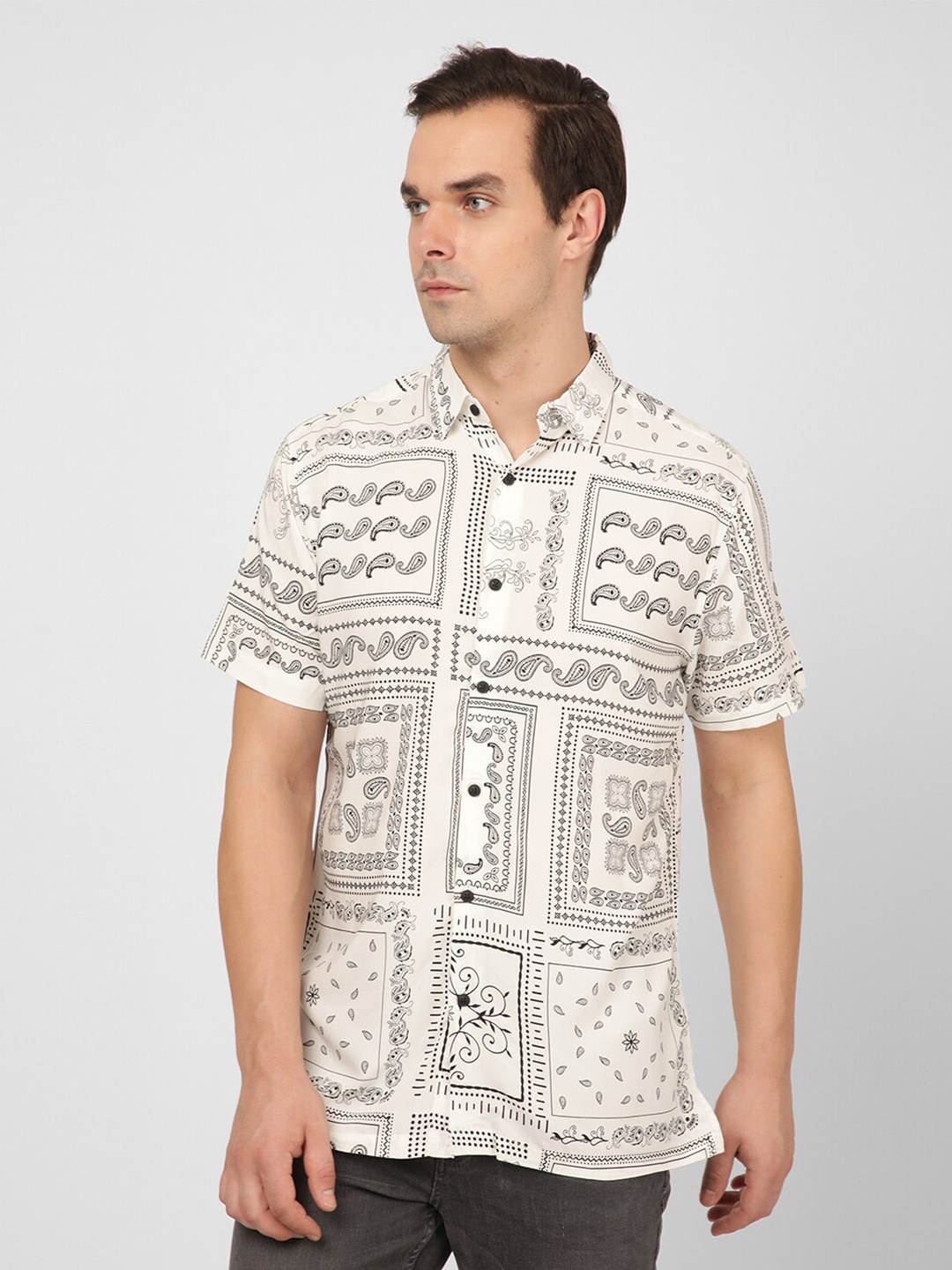 

R&B Ethnic Printed Opaque Casual Shirt, Off white