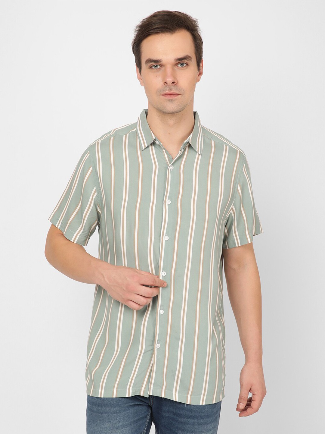 

R&B Striped Opaque Casual Shirt, Green