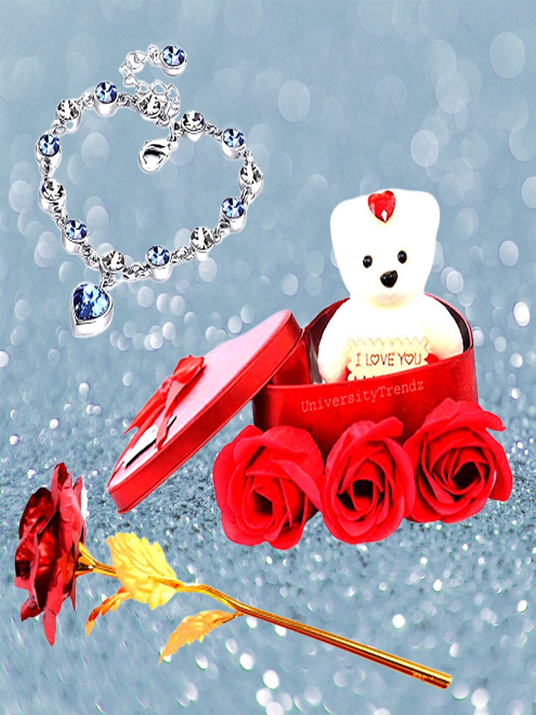 

UNIVERSITY TRENDZ Silver-Plated Bracelet With Red Rose & Mini Teddy Gift Set