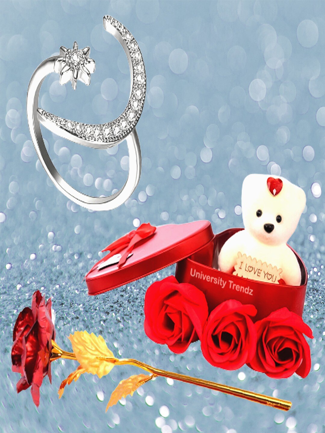 

UNIVERSITY TRENDZ Half Moon Ring with Mini Teddy and Artificial Rose Gift Set, Silver