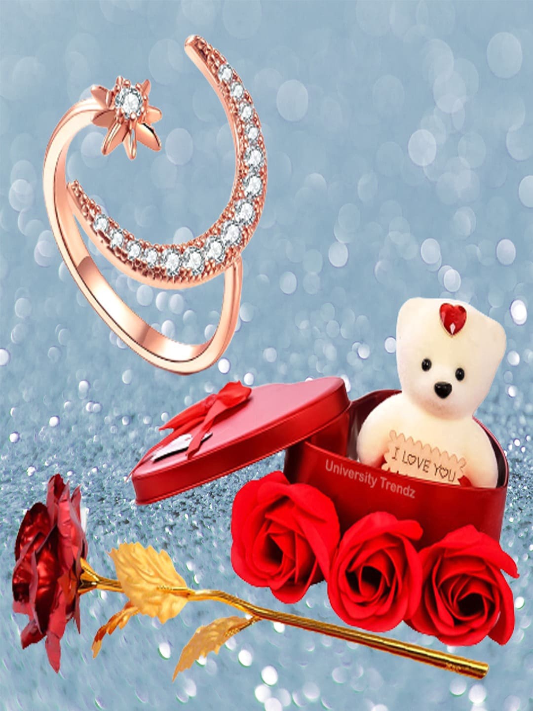 

UNIVERSITY TRENDZ Rose-Gold Plated Ring with Mini Teddy & Artificial Red Rose Gift Set