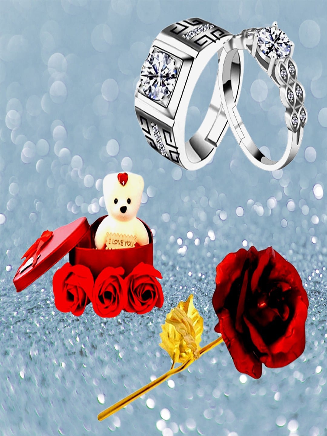 

UNIVERSITY TRENDZ Silver-Plated Crystal Couple Rings with Red Rose & Mini Teddy Bear Box