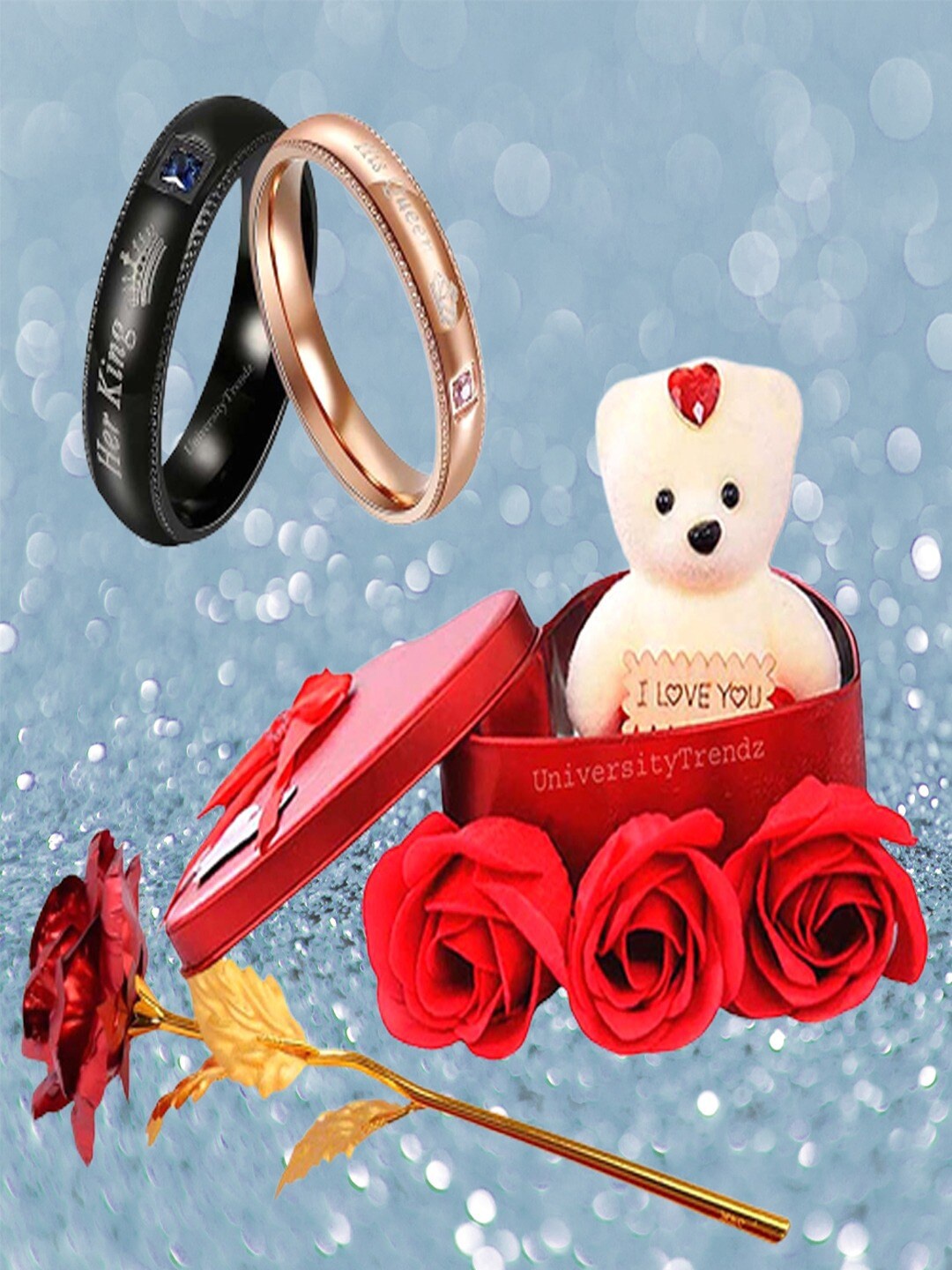 

UNIVERSITY TRENDZ Set Of 2 King & Queen Ring Artificial Rose and Mini Teddy Combo Set, Rose gold