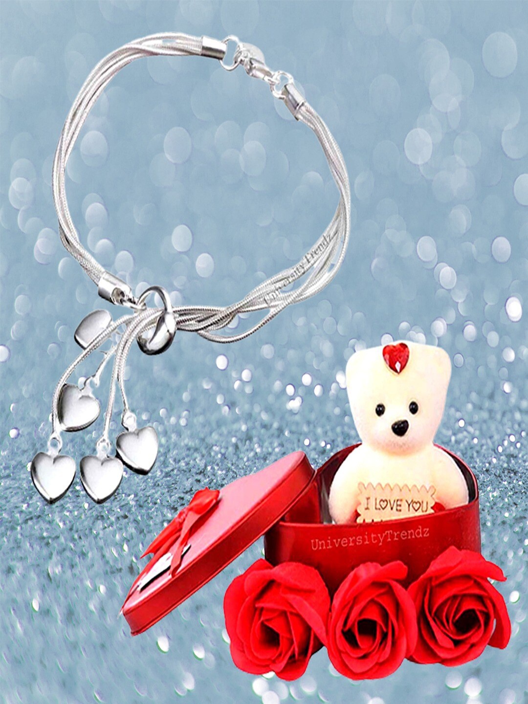 

UNIVERSITY TRENDZ Silver-Plated Heart Layered Bracelet and Mini Teddy Combo Set