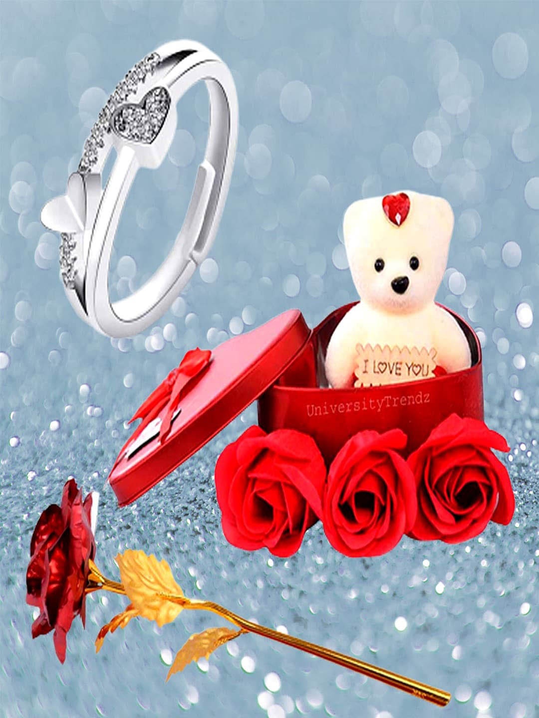 

UNIVERSITY TRENDZ Silver-Plated Dual Heart Crystal Stud Ring With Red Rose & Teddy in Box