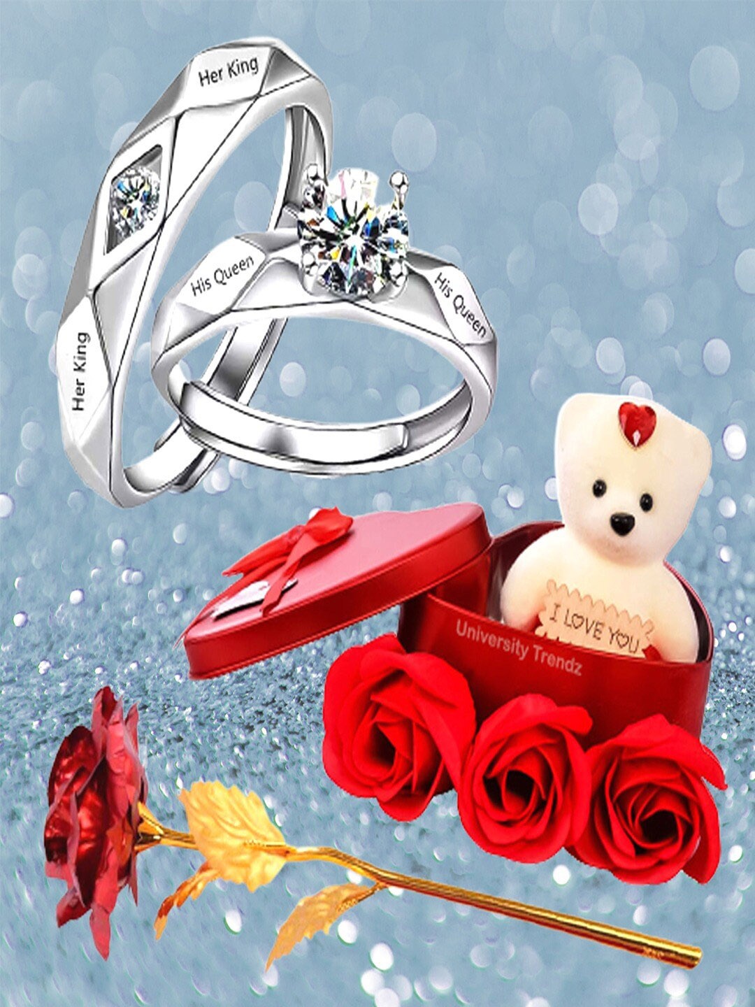 

UNIVERSITY TRENDZ Set Of 2 Silver-Plated Couple Ring With Artificial Rose and Mini Teddy