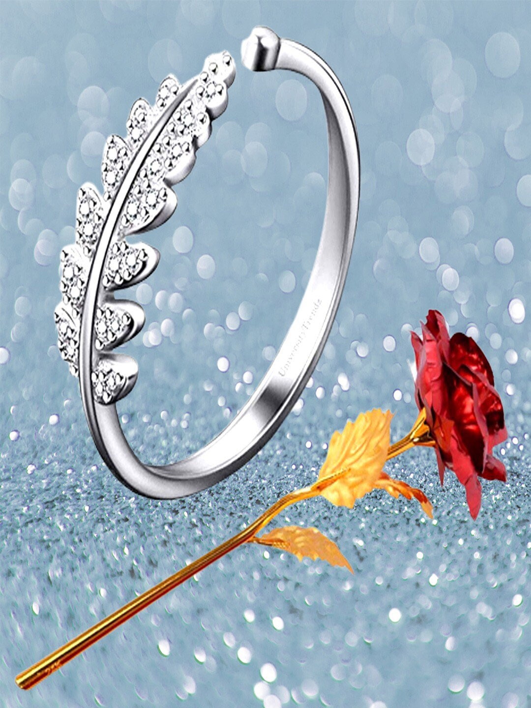 

UNIVERSITY TRENDZ Silver-Plated Leaf Ring With Artificial Red Rose