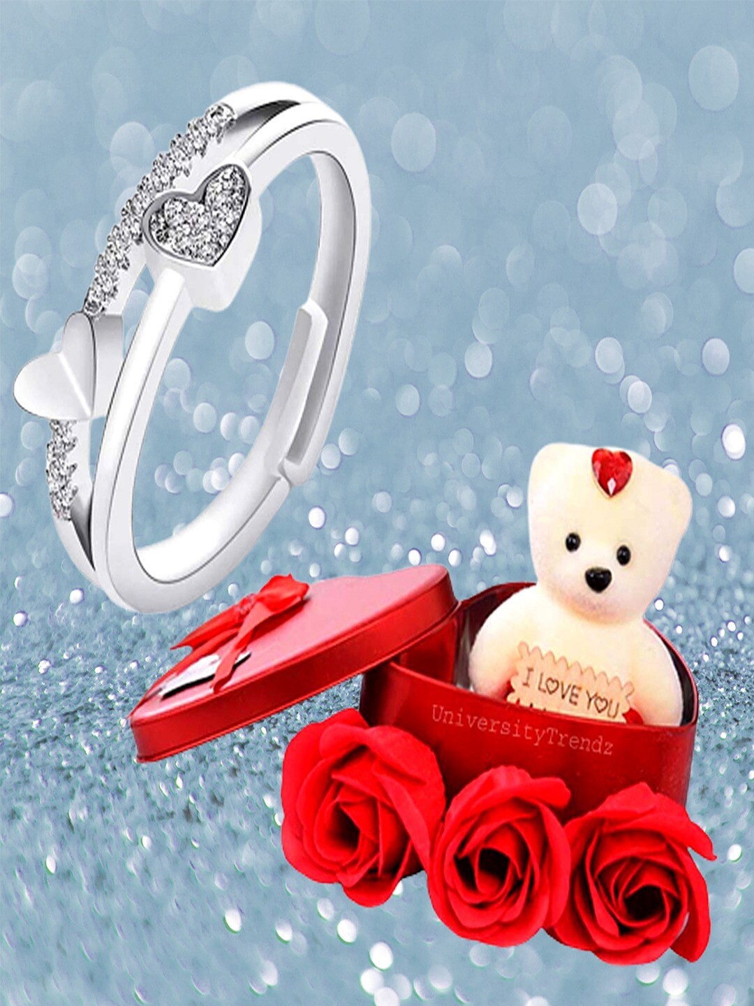 

UNIVERSITY TRENDZ Silver-Plated Crystal Stud Ring and Mini Teddy