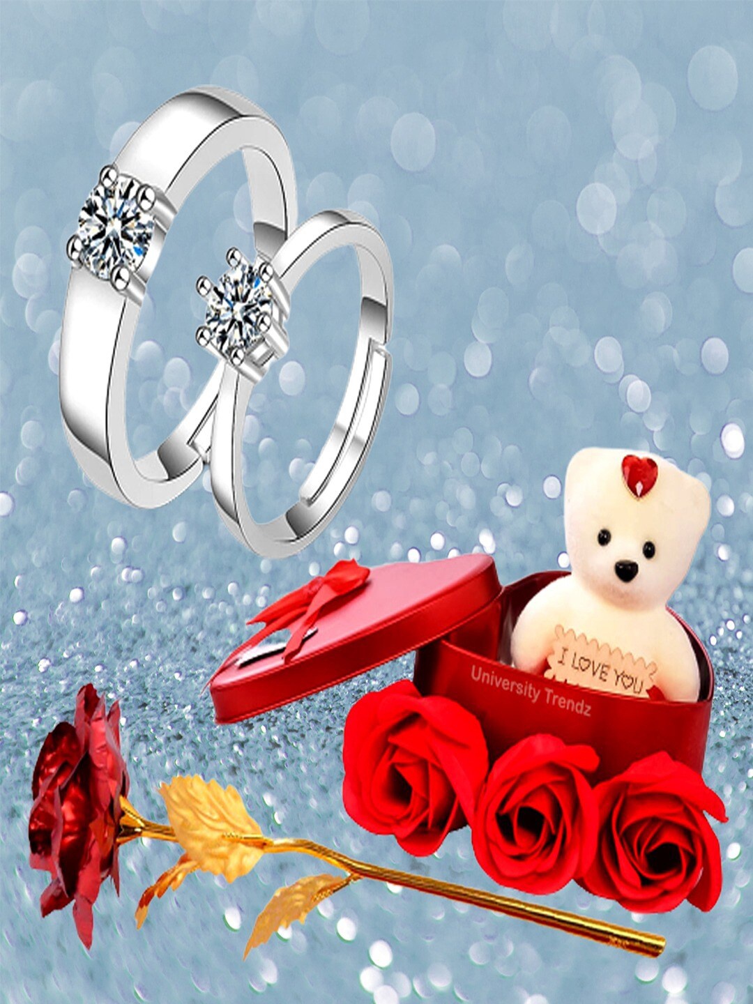 

UNIVERSITY TRENDZ Silver-Plated Crystal Stud Couple Ring, Red Rose and Mini Teddy Box