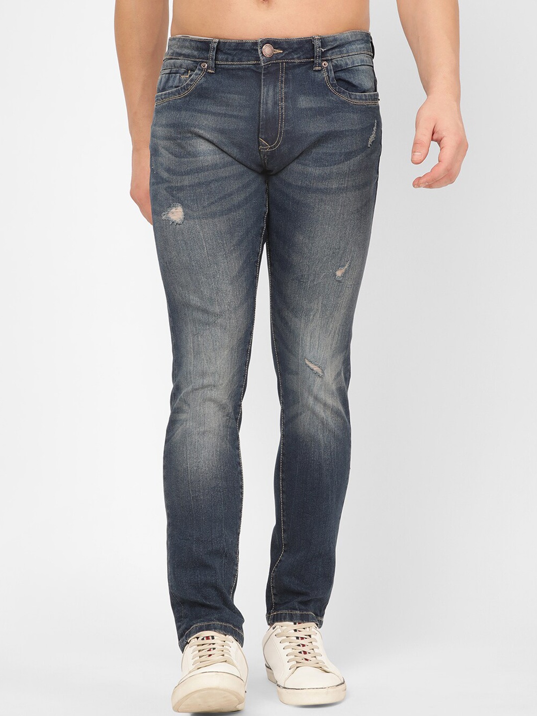 

R&B Men Mildly Distressed Heavy Fade Cotton Jeans, Blue