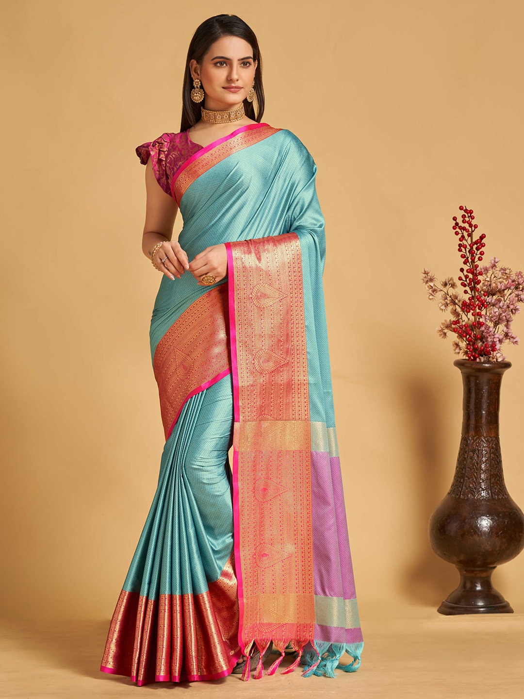 

Mitera Blue & Pink Geometric Woven Design Zari Silk Cotton Banarasi Saree