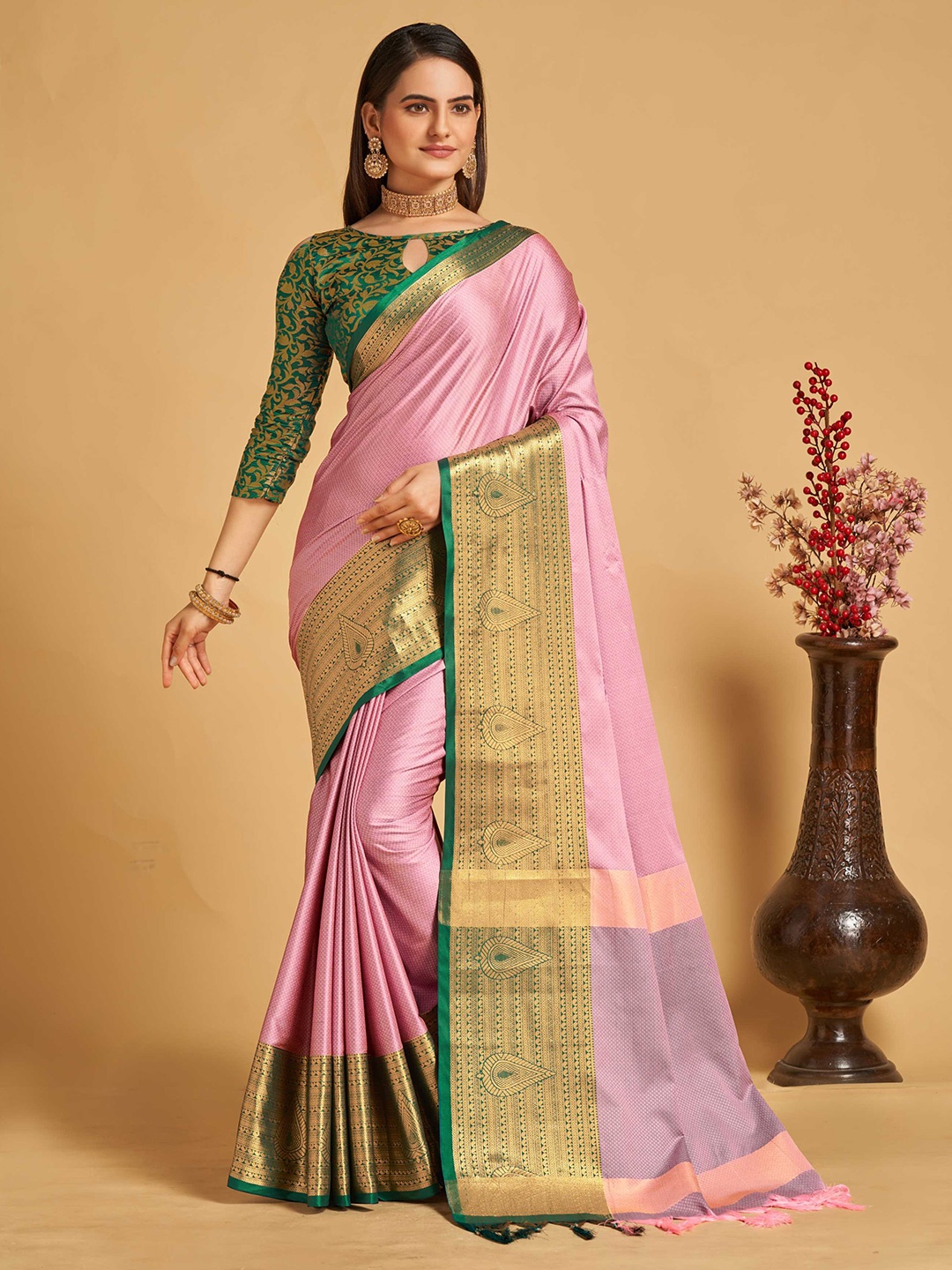 

Mitera Pink & Green Geometric Woven Design Zari Silk Cotton Banarasi Saree