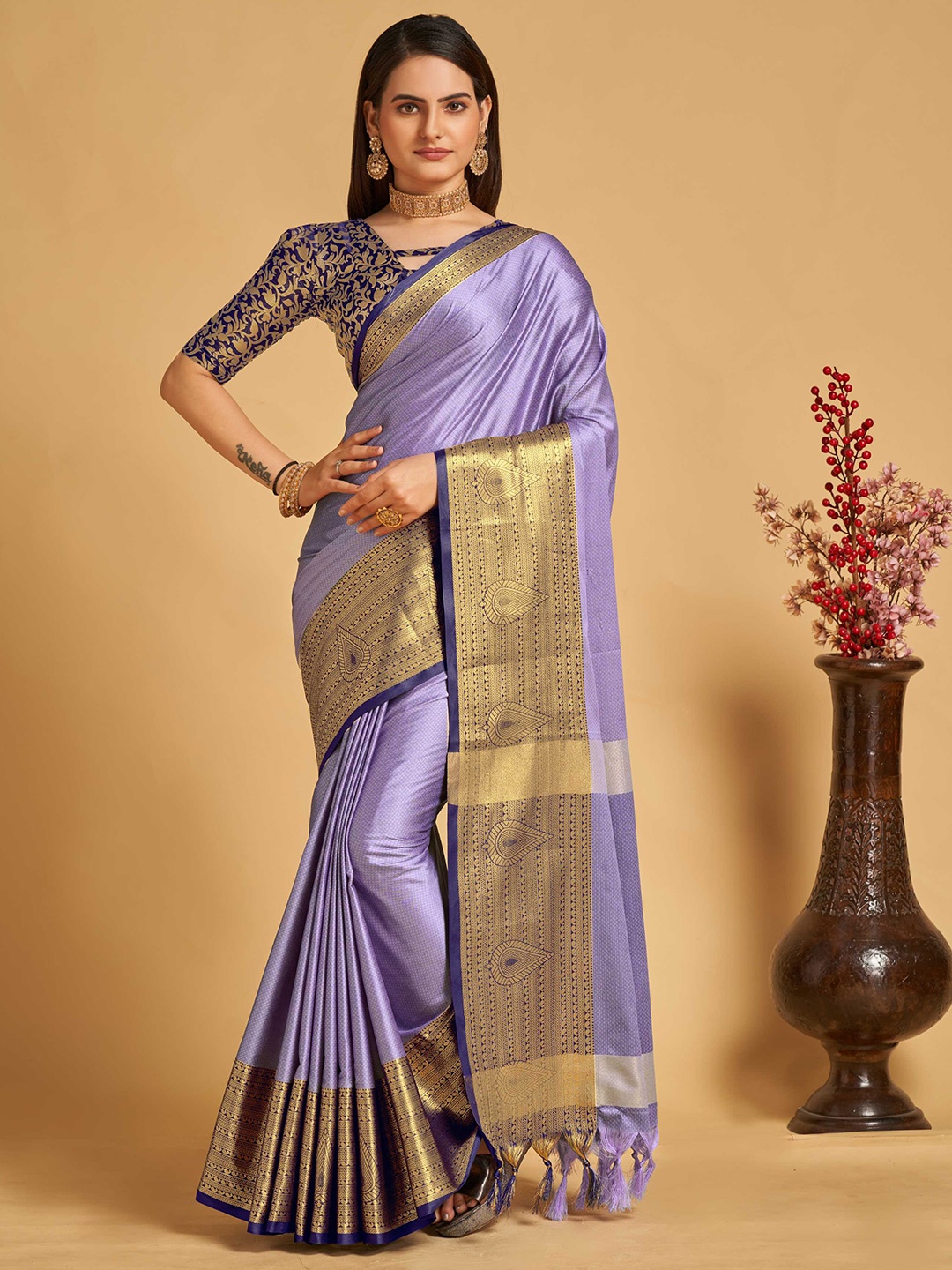 

Mitera Purple & Navy Blue Geometric Woven Design Zari Silk Cotton Banarasi Saree
