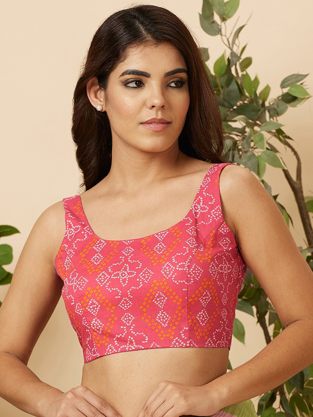 

SALWAR STUDIO Bandhani Printed Cotton Saree Blouse, Pink