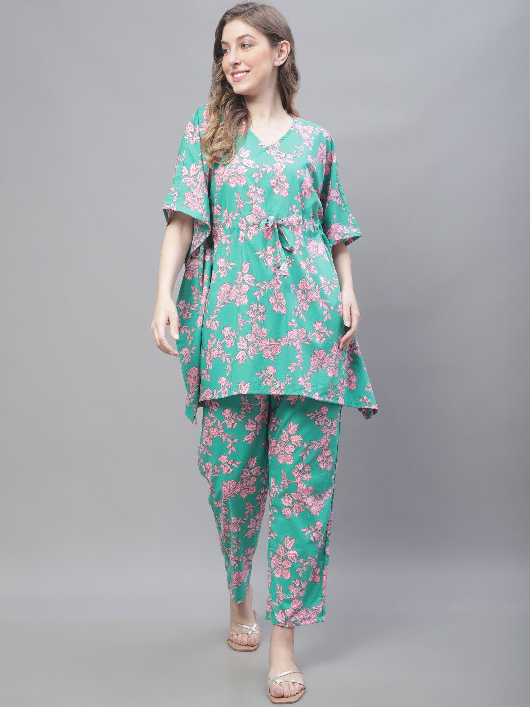 

TAG 7 Floral Printed V Neck Pure Cotton Kaftan Kurta With Trousers, Green