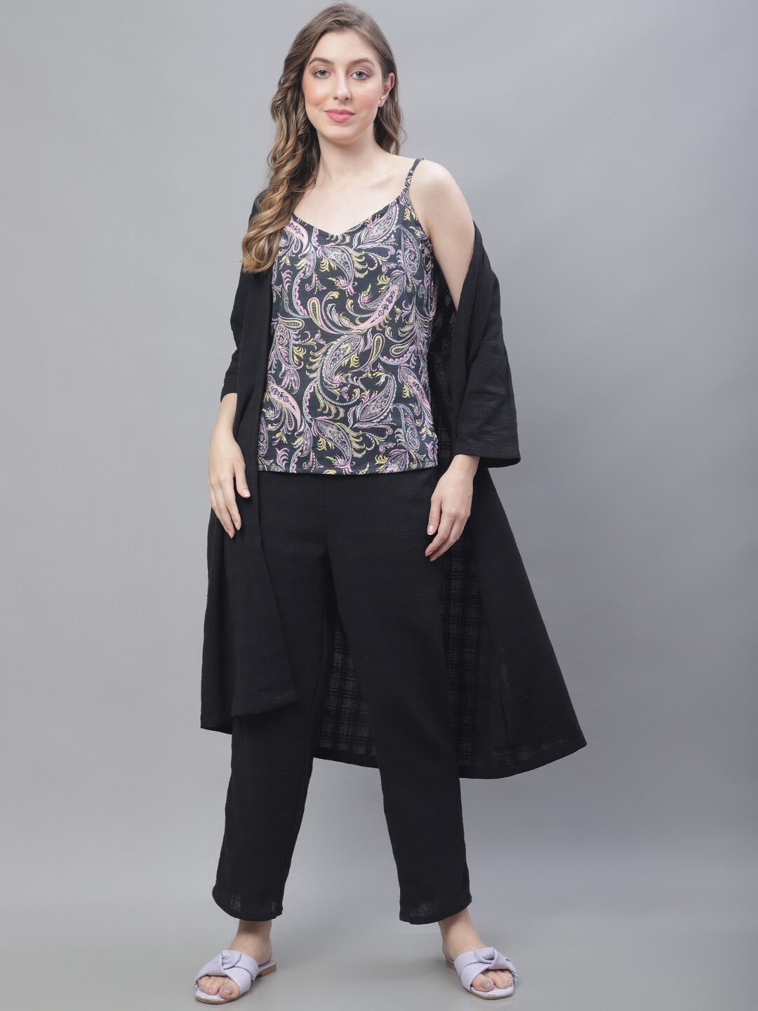 

TAG 7 Women Scraf Printed Pure Cotton Top With Trousers & Shrug Co-Ords, Black