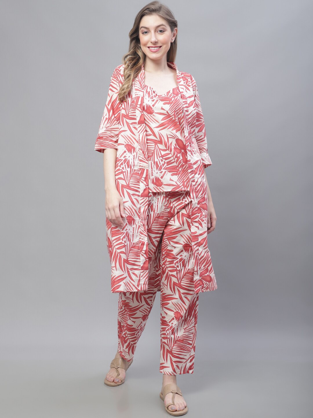 

TAG 7 Floral Printed Top With Palazzos & Jacket, Red