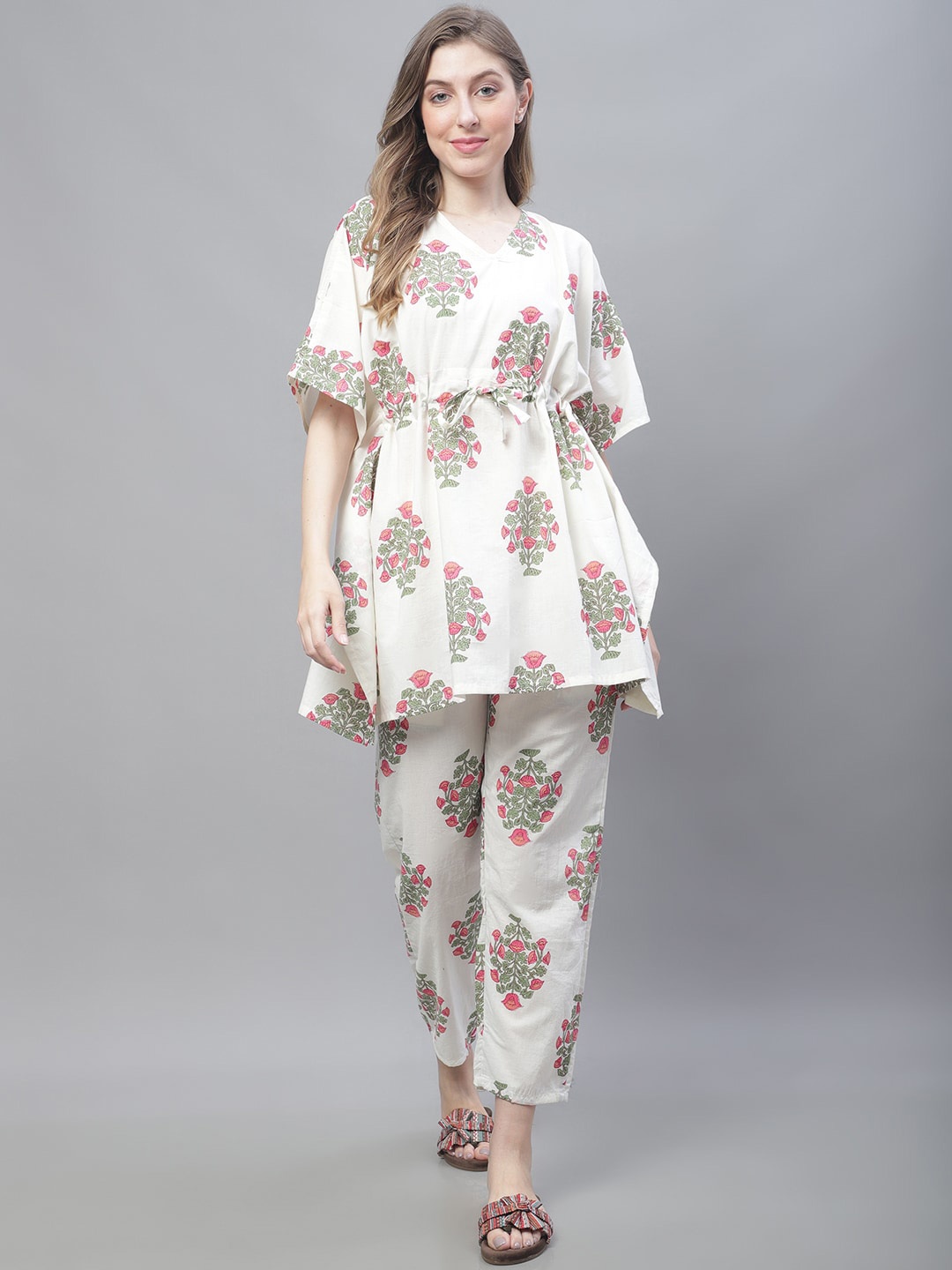 

TAG 7 Floral Printed V Neck Pure Cotton Kaftan Kurta With Trousers, White