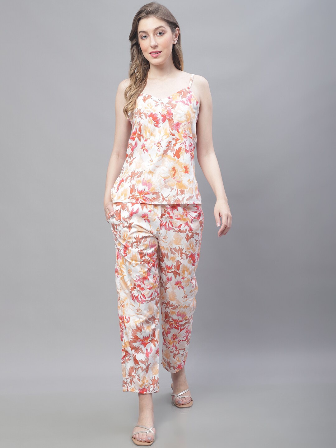 

TAG 7 Floral Printed Pure Cotton Ethnic Top with Trousers & Jacket, White