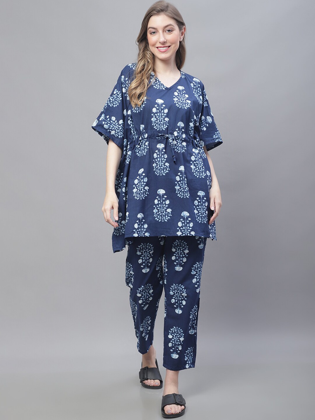 

TAG 7 Floral Printed V Neck Pure Cotton Kaftan Kurta With Trousers, Blue