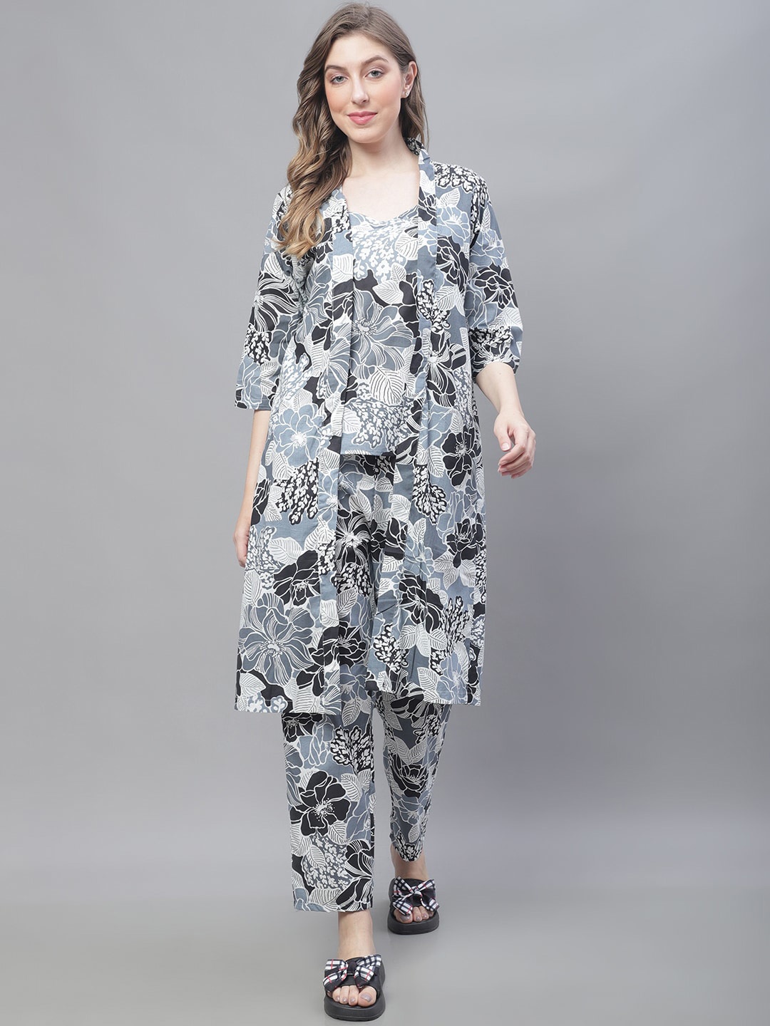 

TAG 7 Floral Printed Pure Cotton Top With Trouser & Jacket, Grey