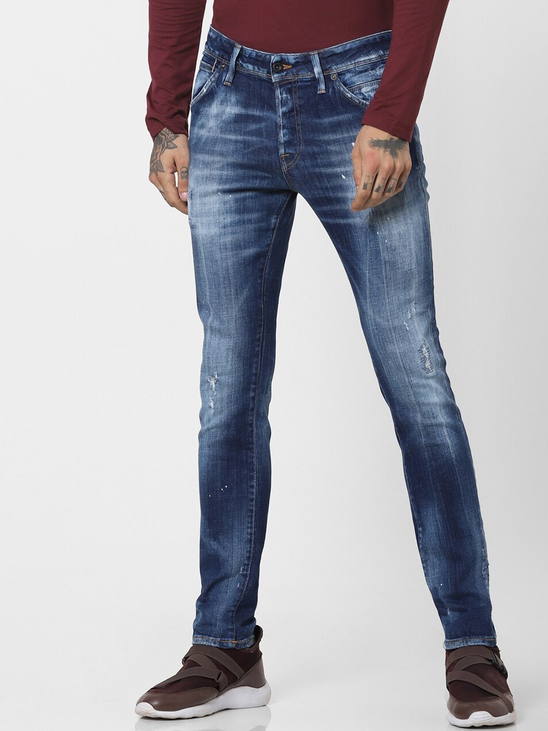 

Jack & Jones Men Skinny Fit Low-Rise Mildly Distressed Heavy Fade Jeans, Blue