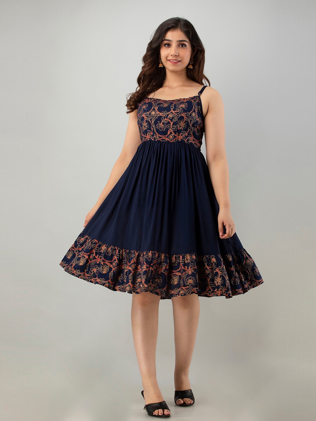 

KASHEEDA Navy Blue Ethnic Motifs Print Fit & Flare Dress