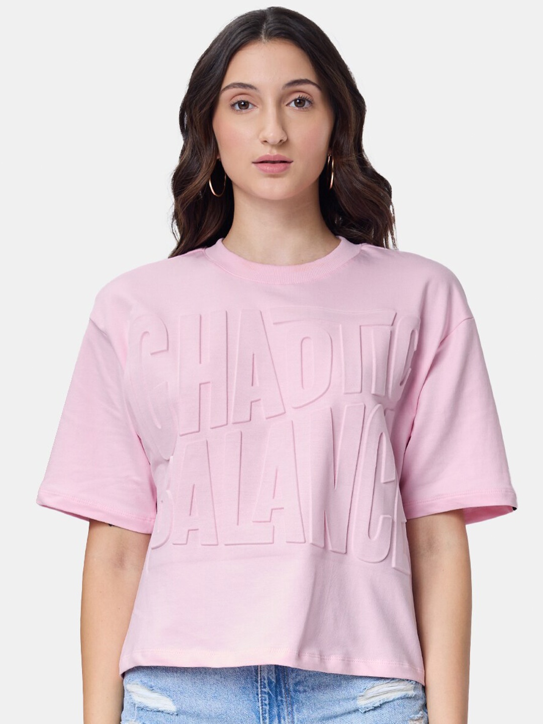 

The Souled Store Pink Typography Printed Drop-Shoulder Pure Cotton Oversized T-shirt