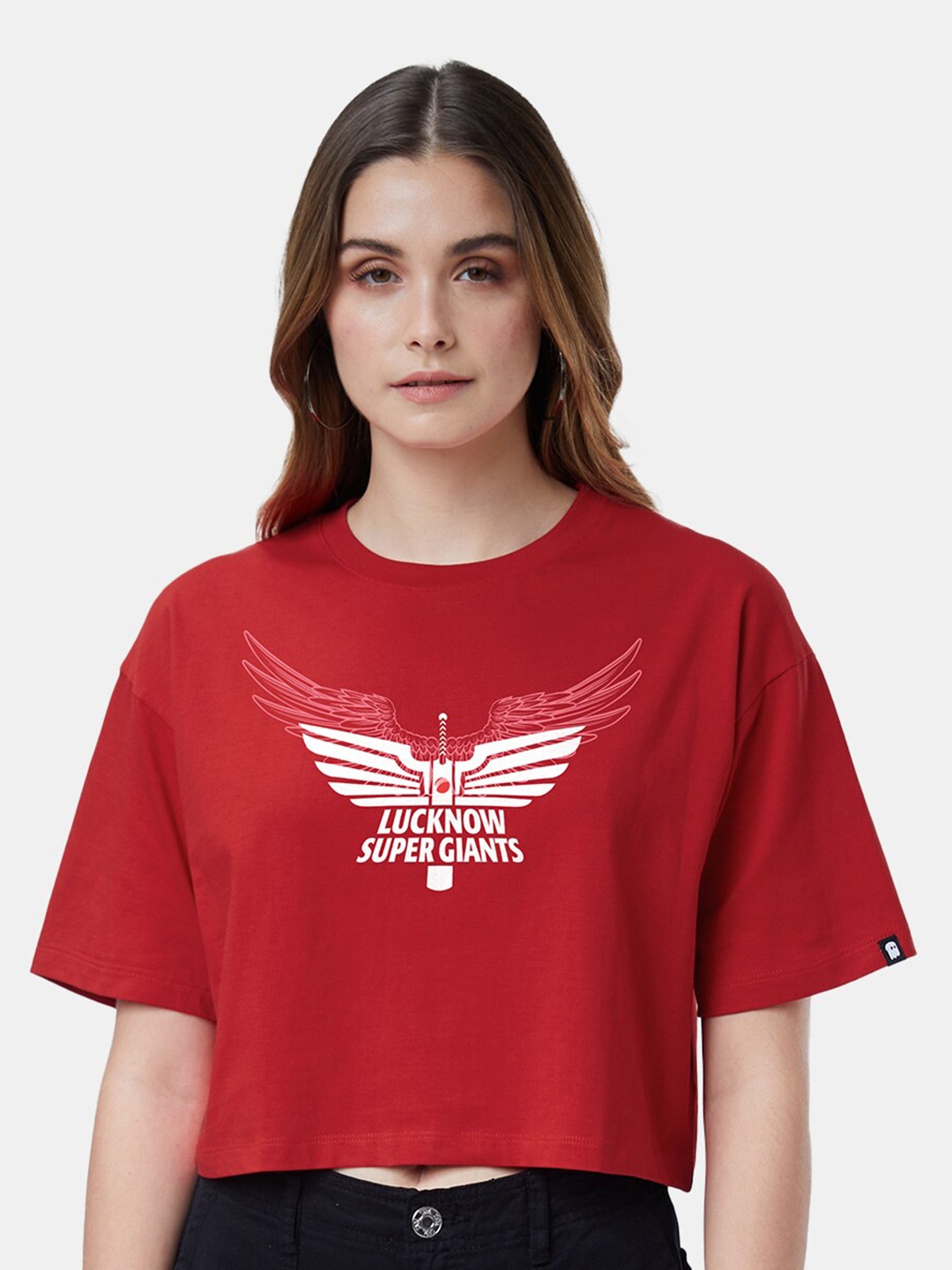 

The Souled Store Red Typography Printed Drop-Shoulder Pure Cotton Oversized Crop T-shirt