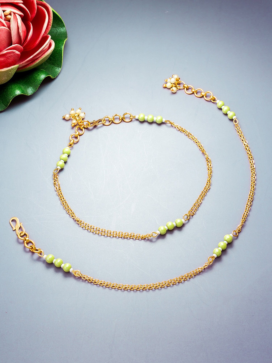 

aadita Set Of 2 Gold-Plated & Beaded Anklets