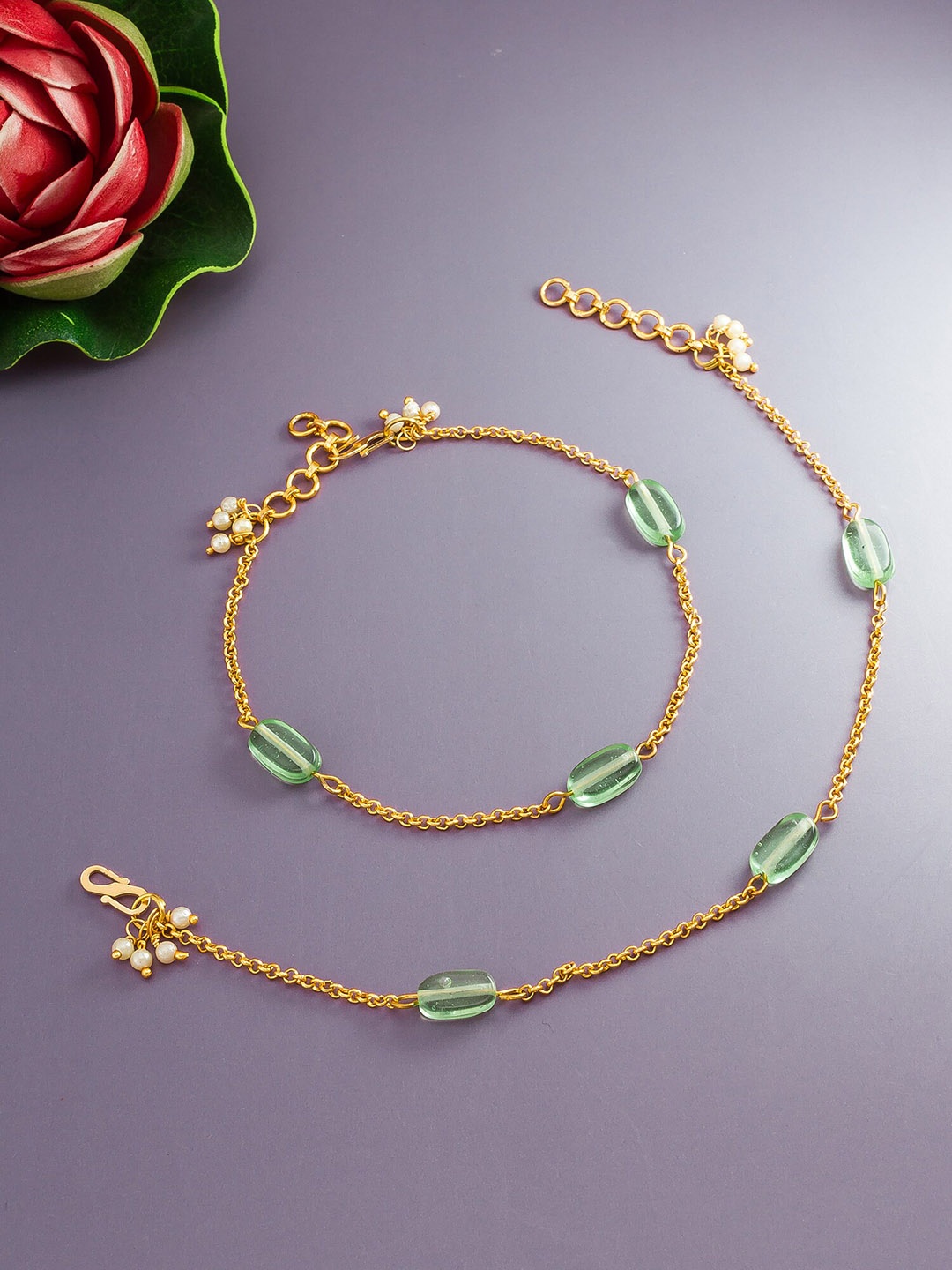 

aadita Set Of 2 Gold-Plated Stone-Studded Anklets