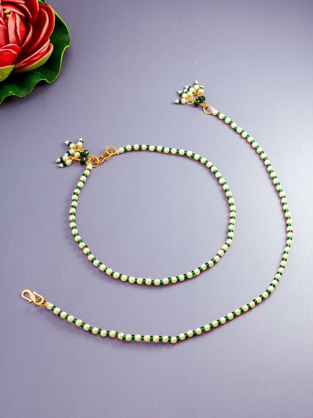 

aadita Set Of 2 Gold-Plated & Beaded Anklets