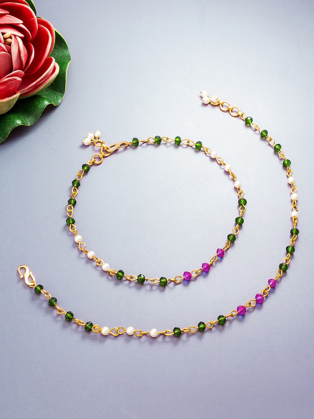 

aadita Set Of 2 Gold-Plated & Beaded Anklets