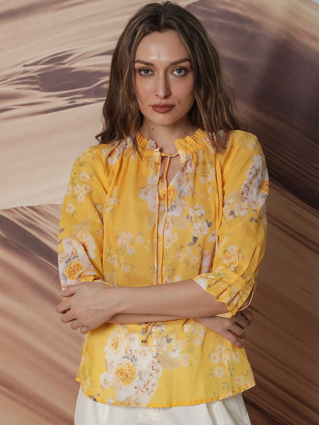 

RAREISM Floral Printed Tie-Up Neck Cotton Top, Yellow