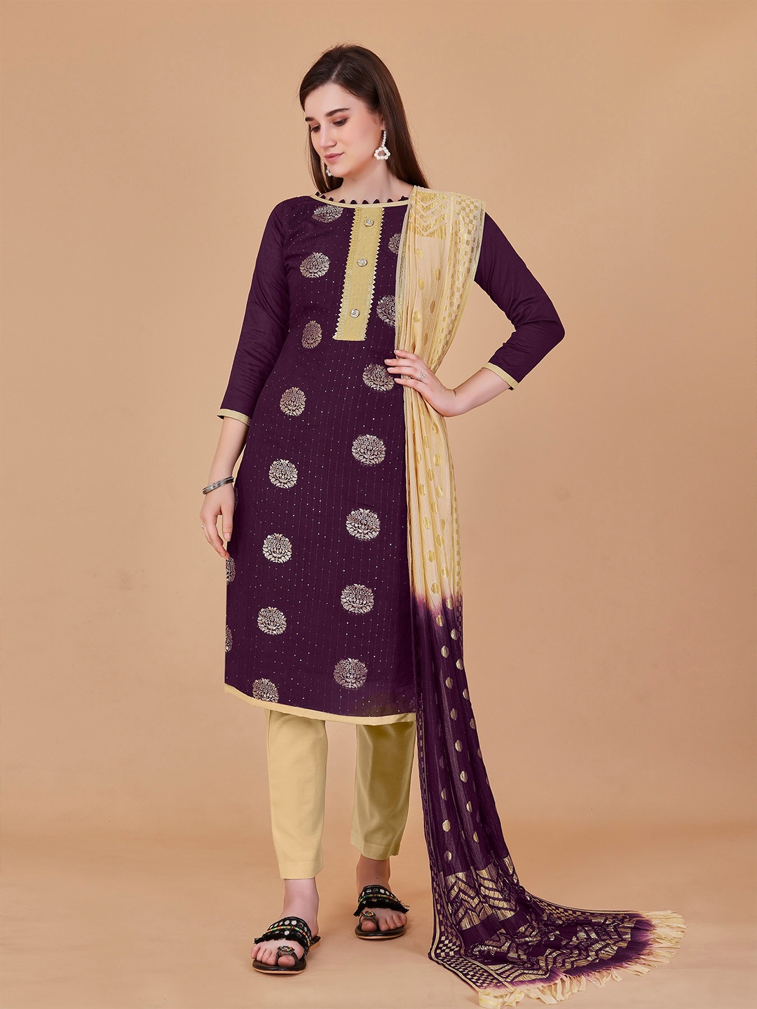 

Fashion FRICKS Sequinned Ethnic Motifs Printed Unstitched Dress Material, Purple