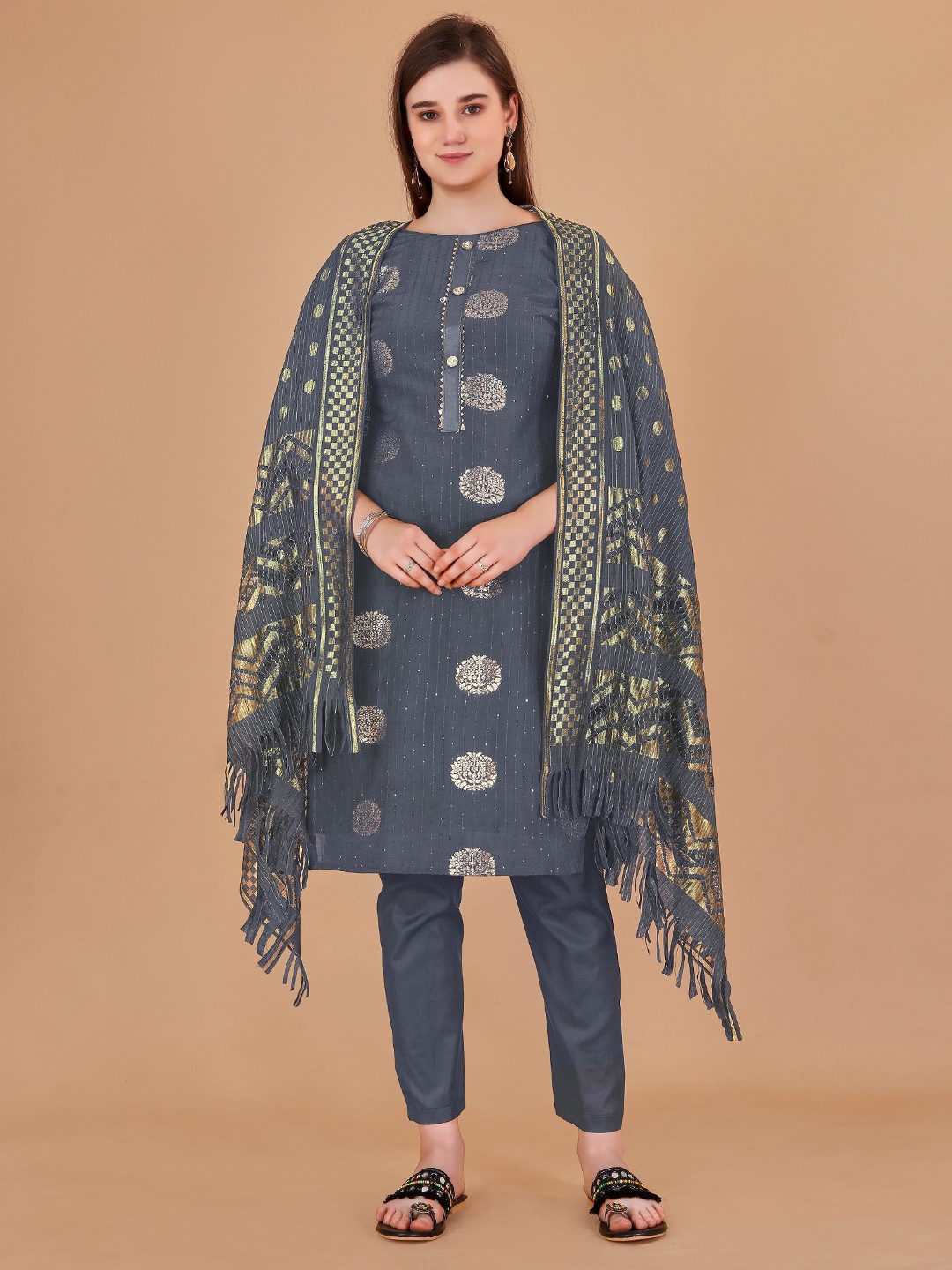 

Fashion FRICKS Ethnic Motifs Printed Sequined Unstitched Dress Material, Grey