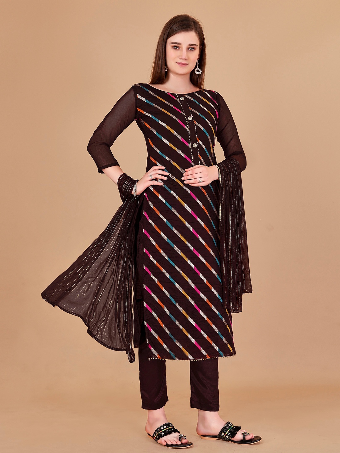 

Fashion FRICKS Embroidered Organza Unstitched Dress Material, Brown