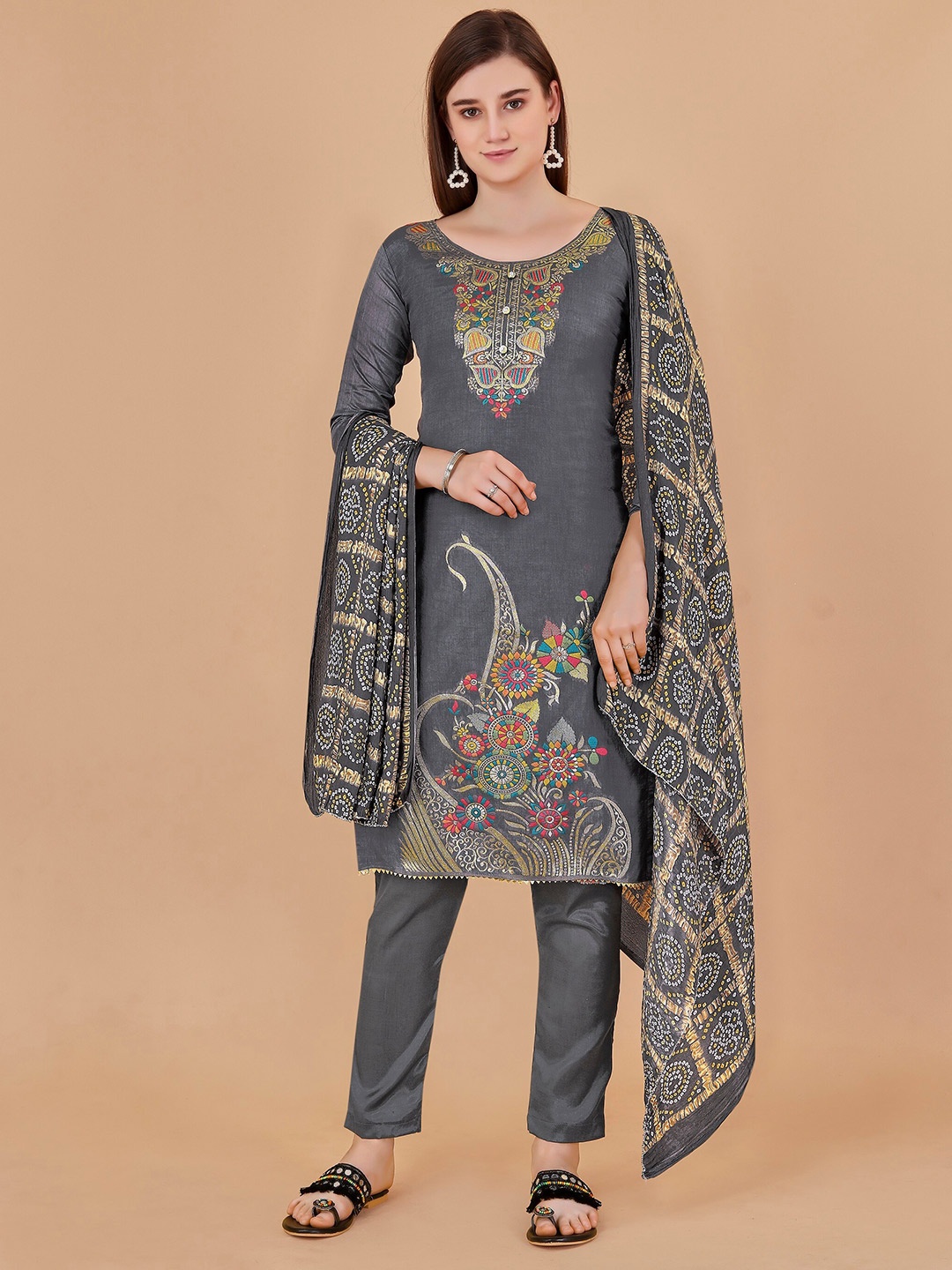 

Fashion FRICKS Ethnic Motifs Printed Unstitched Dress Material, Grey
