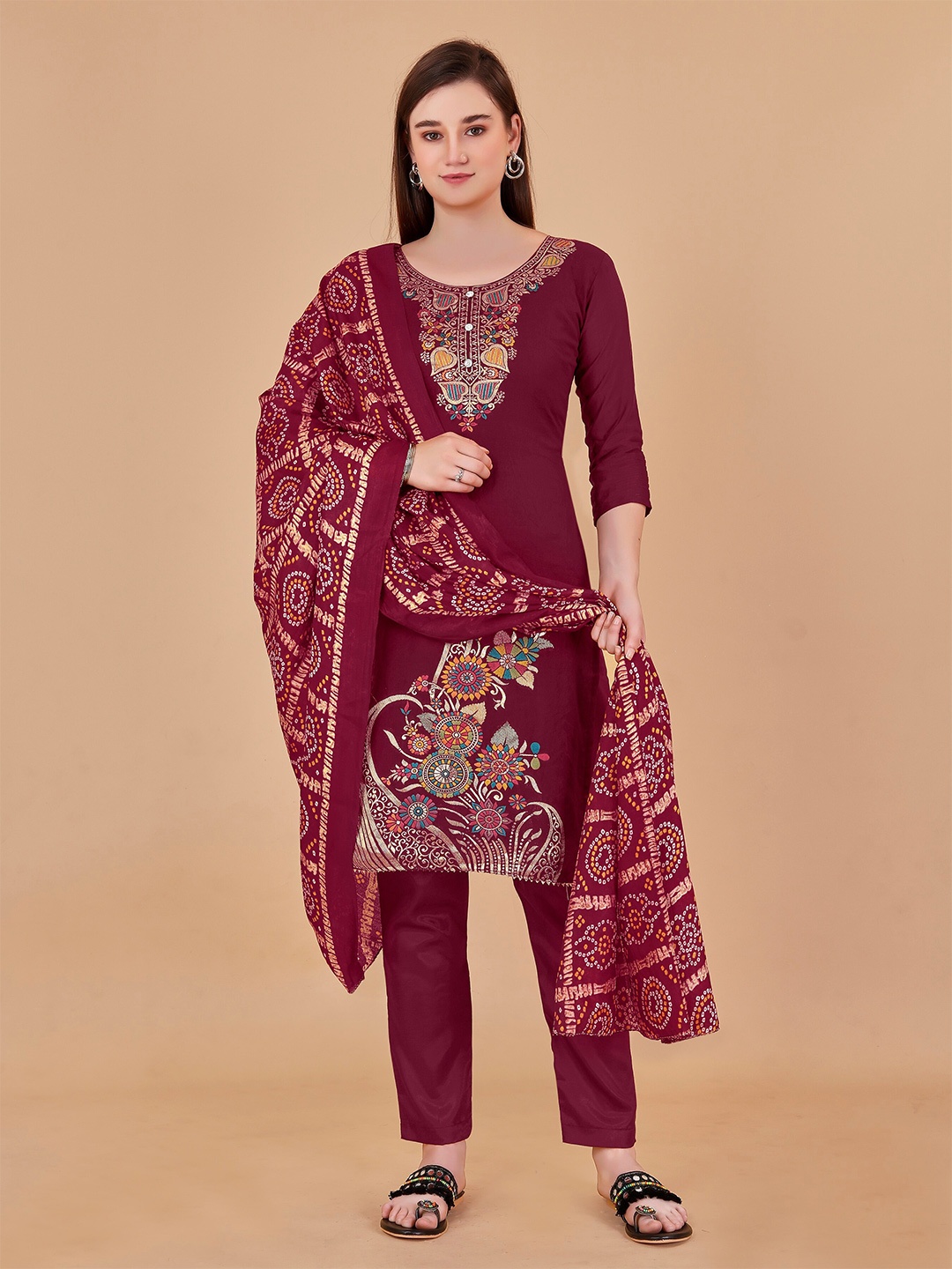 

Fashion FRICKS Ethnic Motifs Printed Unstitched Dress Material, Red