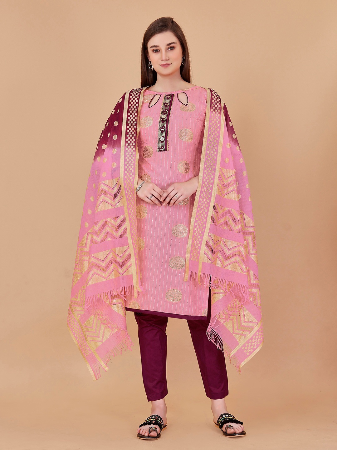 

Fashion FRICKS Ethnic Motifs Printed Sequined Unstitched Dress Material, Pink