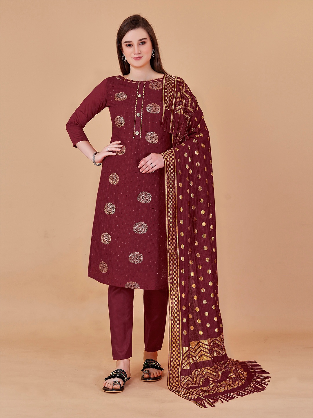 

Fashion FRICKS Sequinned Ethnic Motifs Printed Unstitched Dress Material, Maroon