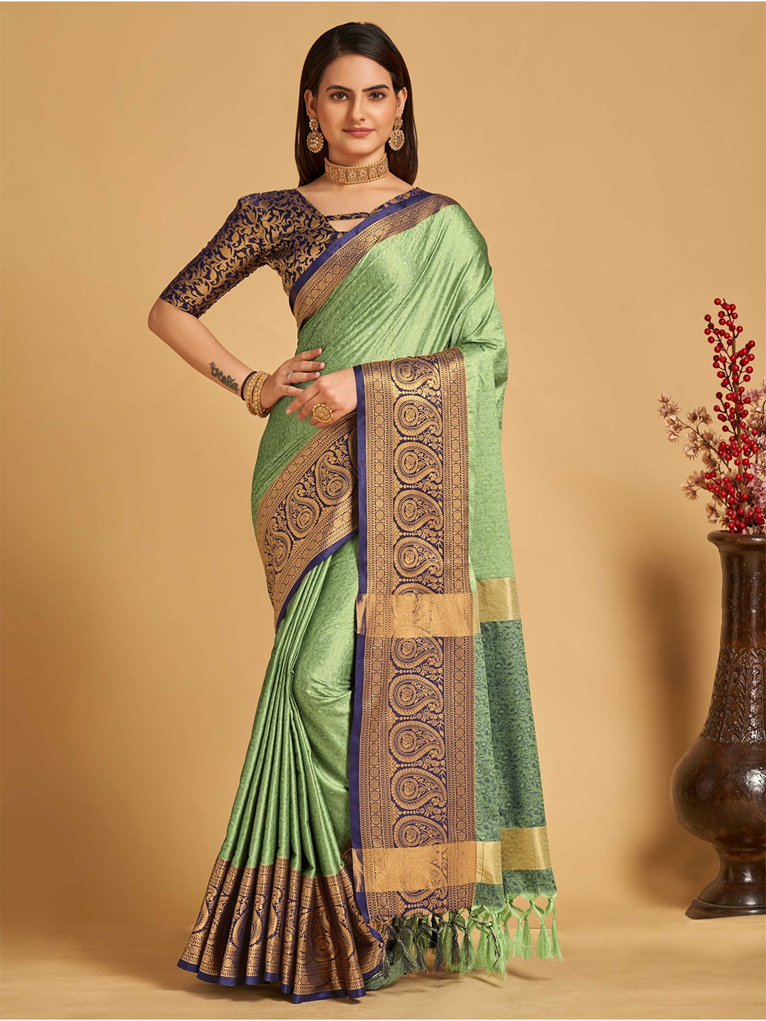 

Mitera Green & Blue Woven Design Zari Silk Cotton Banarasi Saree