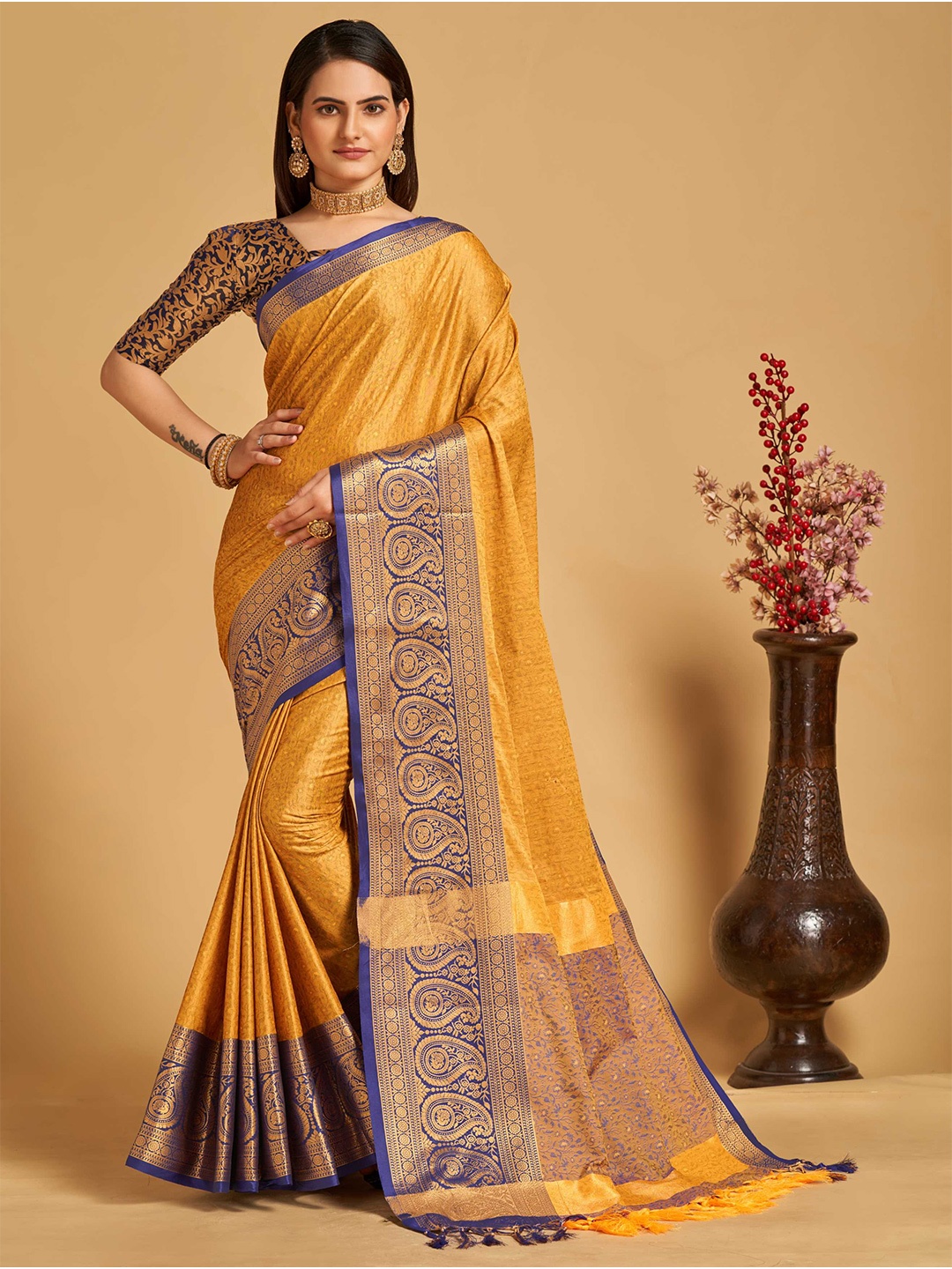 

Mitera Yellow & Blue Woven Design Zari Silk Cotton Banarasi Saree